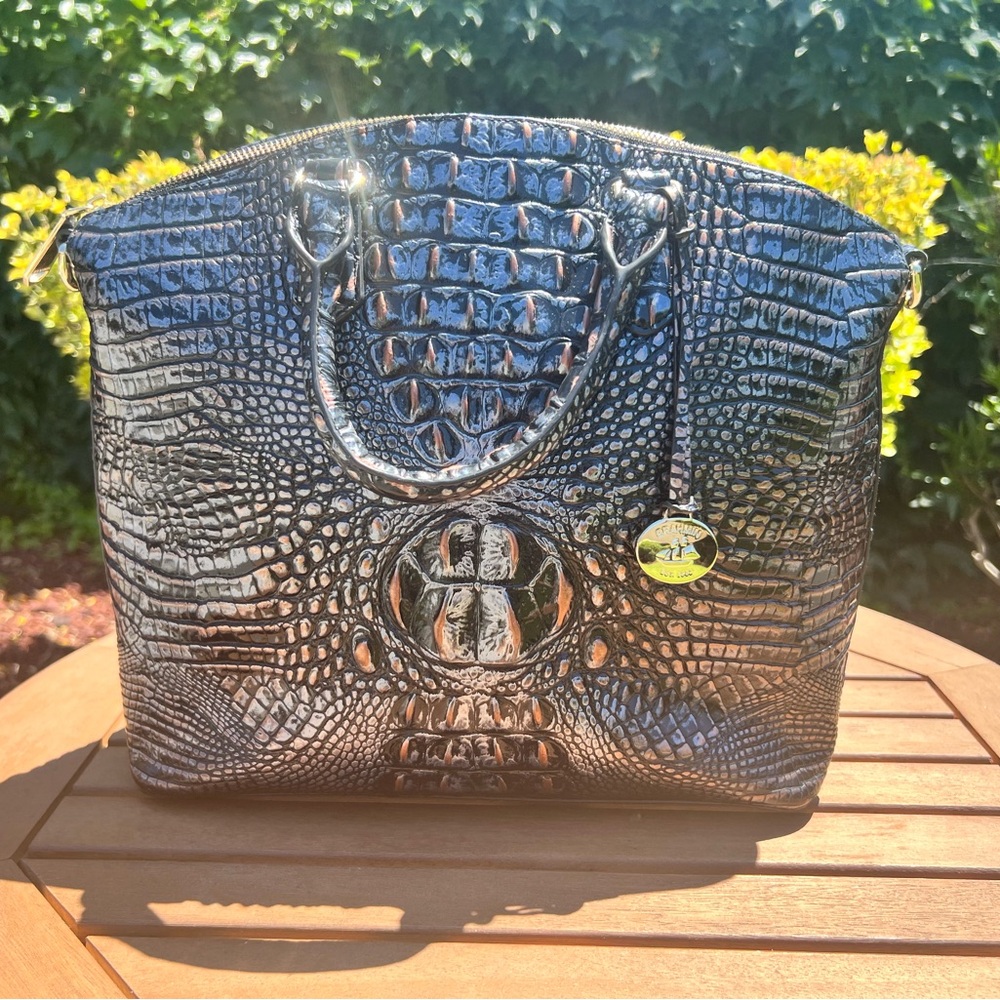 Brahmin Shimmering Black Crocodile-Embossed Shoulder Bag